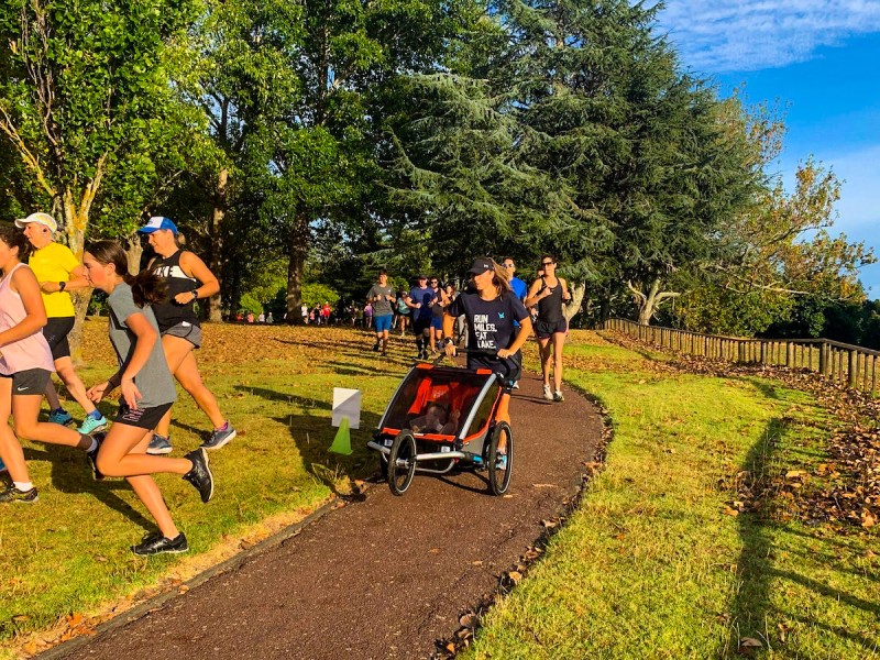 Sian pushing her girls in an estimated 45kg buggy for the Auckland Park Run