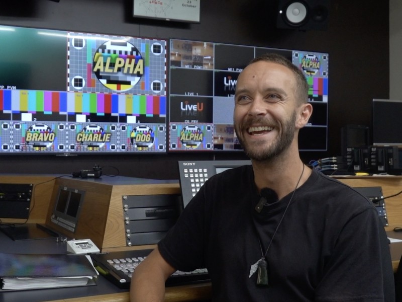 Cole Martin in the New Zealand Broadcasting School control room