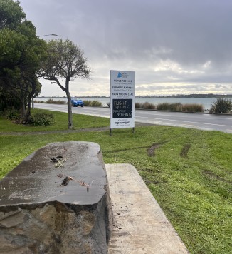 Tire marks in grass around stolen statue remains