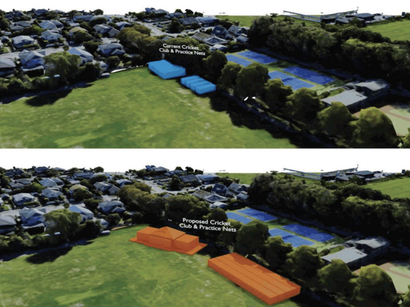 Current cricket nets at Elmwood Park, compared to proposed cricket nets. 
